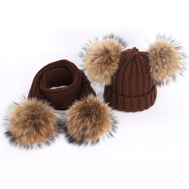 Men's And Women's Thickened Raccoon Fur Ball Knitted Ear  Set