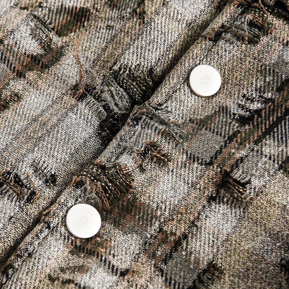 Faux Fur Collar Cotton-padded Coat Men's Tie-dyed Distressed Coat