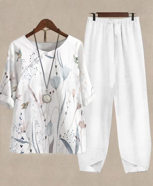 Womens Casual Crew-Neck Cropped-Sleeve Top Set