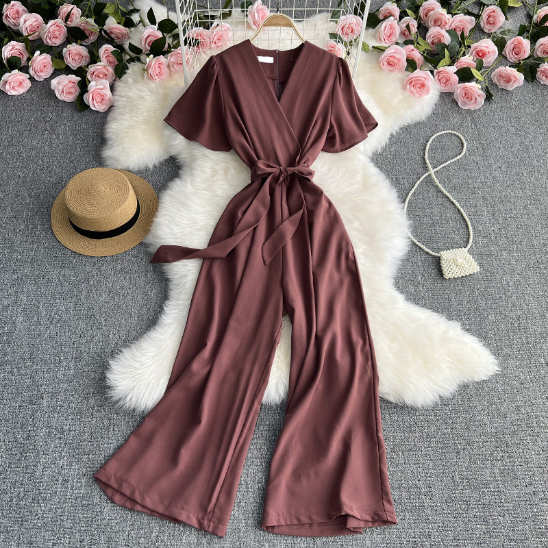 Retro Fashionable Temperament V-neck Short-sleeved Waist Jumpsuit