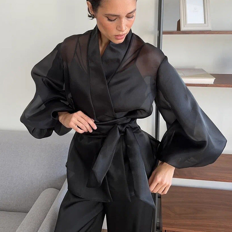 Black Sheer Puff Sleeve V-neck Tie-front Top