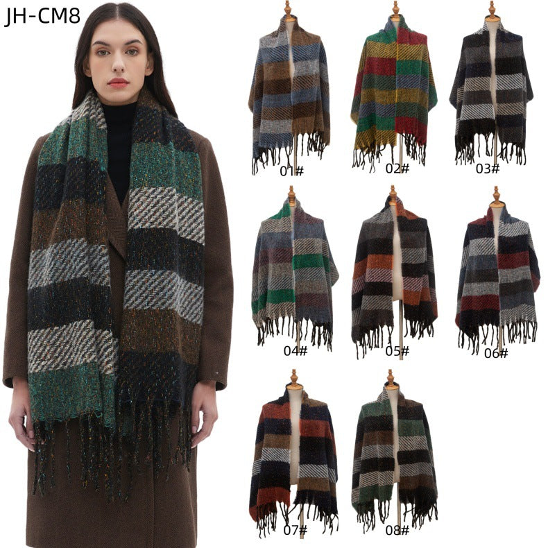 European And American Men's Women's Neck Warmer Striped Tassel Scarf