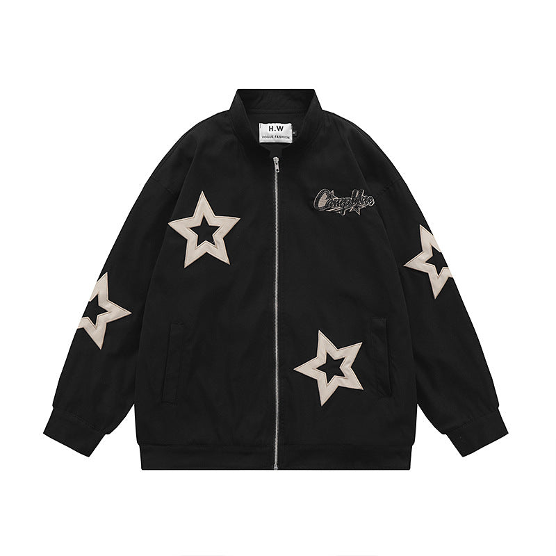 Men's Fashion Retro Star Embroidered Stand Collar Jacket