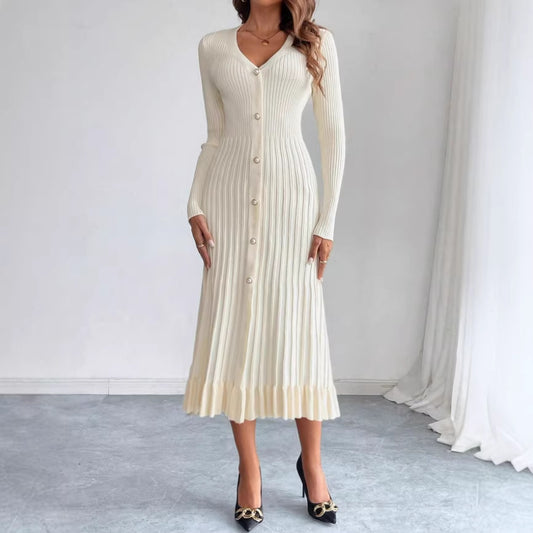 Women's Waist-Cinching Vintage Button Knit Dress
