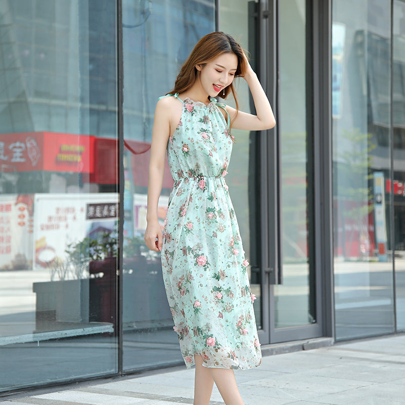 Sleeveless Suspender Floral Chiffon Dress For Women