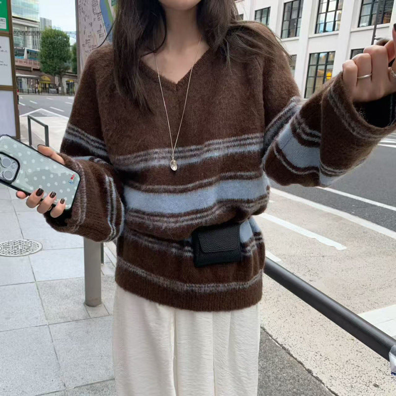 V-neck Layered Striped Brushed Lazy Style Versatile Knit Sweater Women