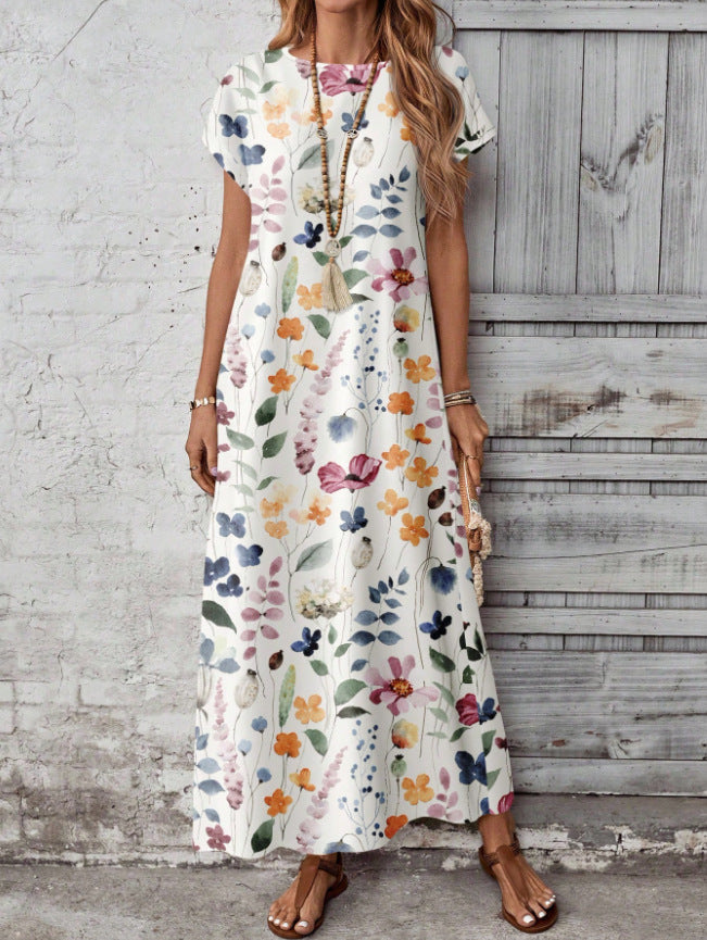 Printed Short-sleeve Crew-neck Dress Women's Clothing