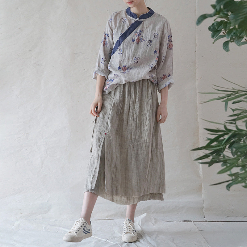 Original Design Dirty Dyed Linen Temperament Retro All-matching Slim Frayed Skirt