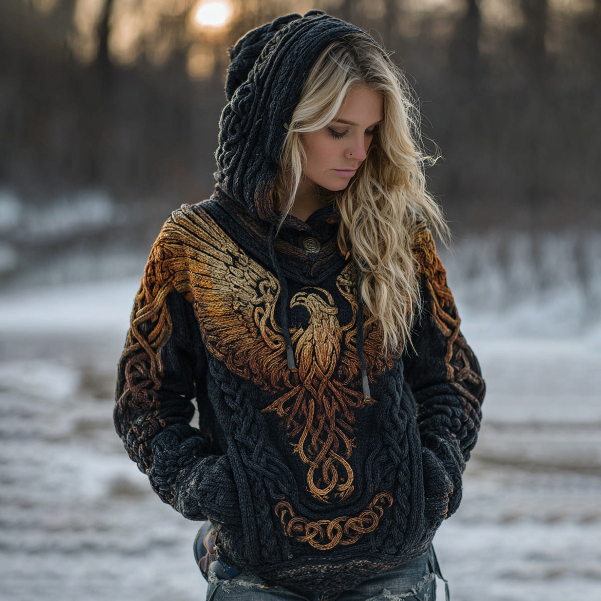 Pumpkin Lantern Lady-style Long-sleeve Thick Knit Hooded Sweater