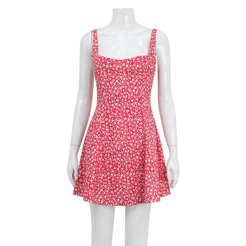 Printed Slip Dress With A Square Neckline And Open Back Featuring A Floral Pattern