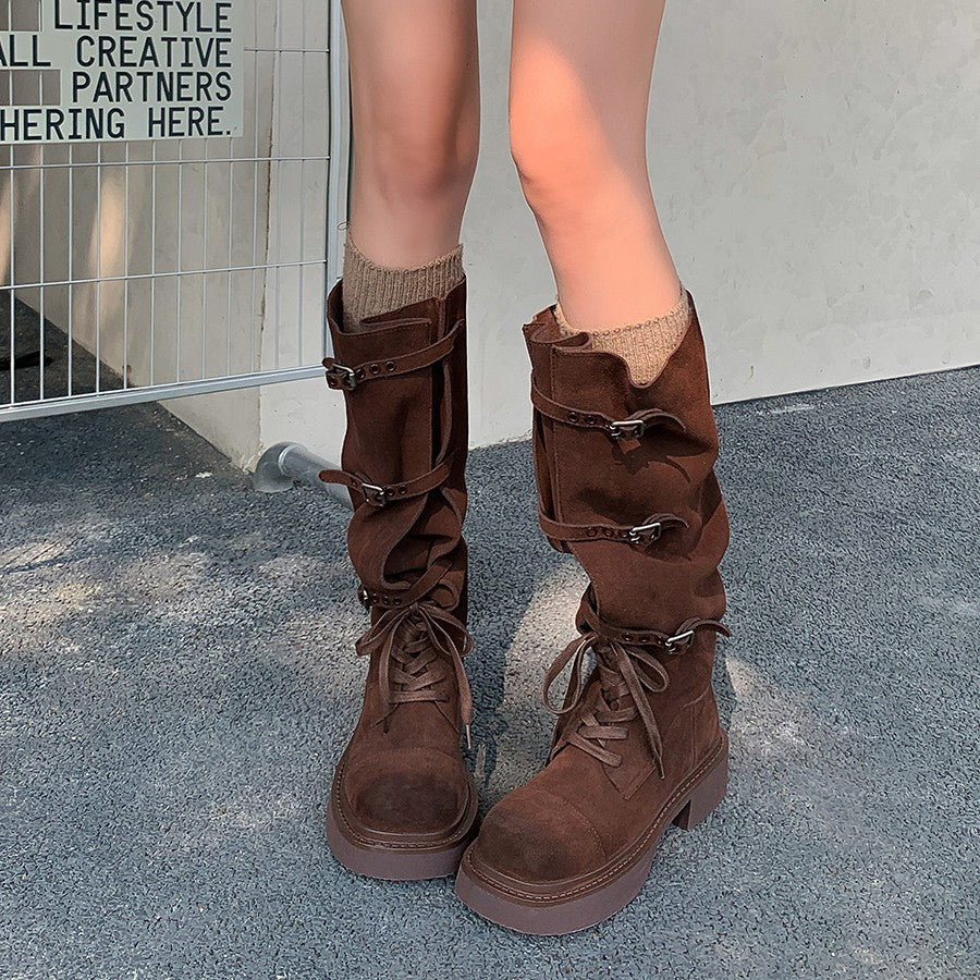 Women's Cowhide Lace-up Motorcycle-style Thigh-high Boots