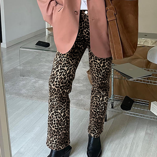 Leopard Print High Waist Straight Pants Retro Smart Trousers Women