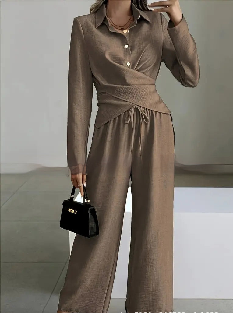 Women's Elegant Shirt Top And Wide-Leg Pants Two-Piece Set