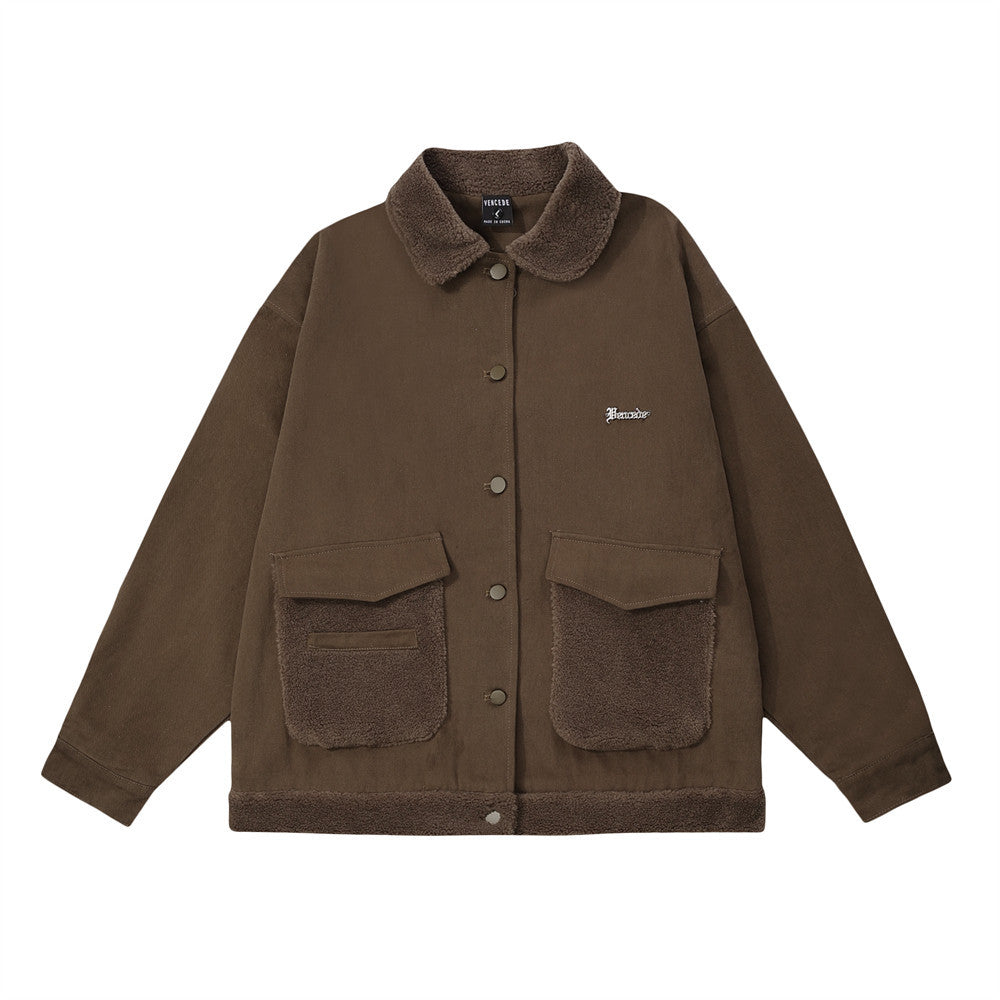 Contrast Color Pocket Stitching Lamb Wool Polo Collar Jacket