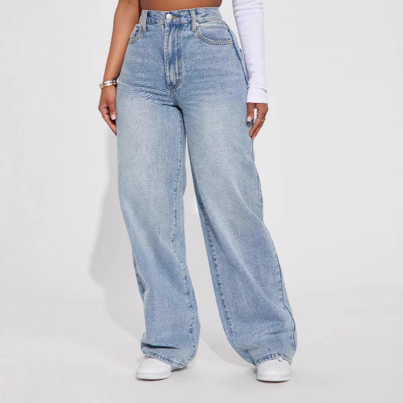 Euro-American Cross-Border Light Blue High-Waist Straight-Leg Jeans