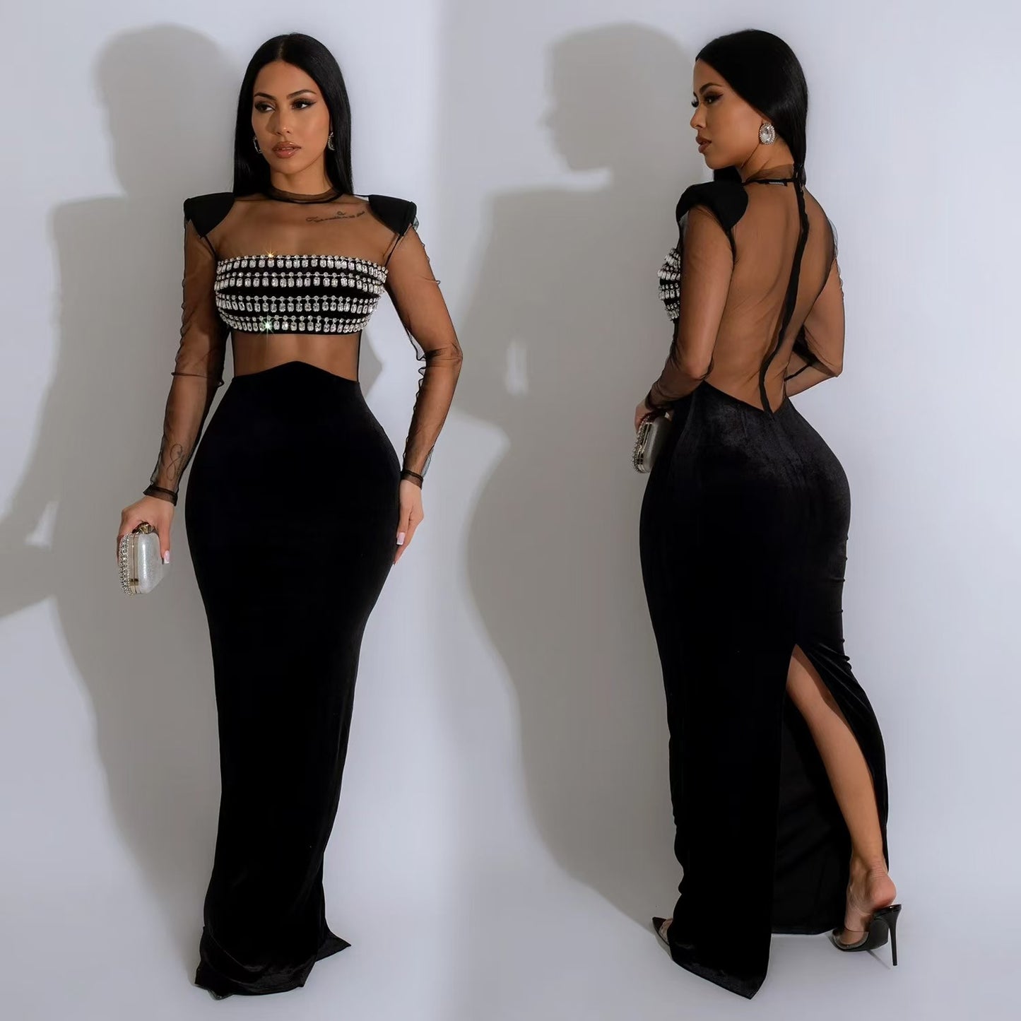 Hot-stone-embellished Solid-color Sheer Long-sleeve Dress
