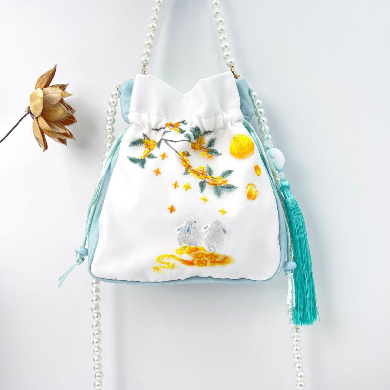 Women's Creative Printing Suzhou Embroidery Pearl Chain Handbag