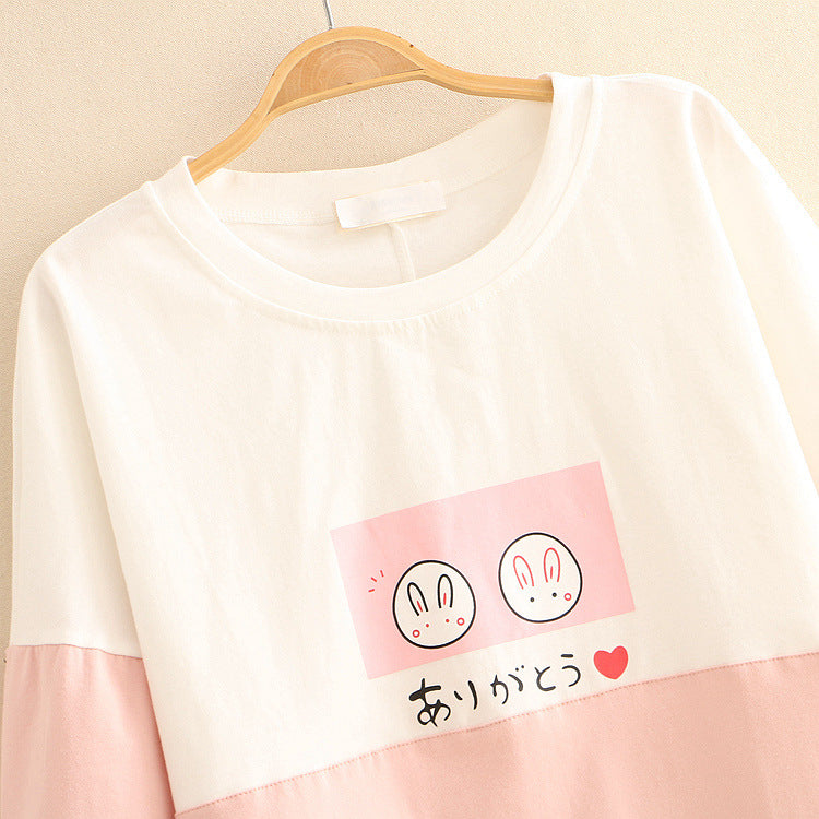 Color Combination Of Two Circle Rabbit Round Neck Short-sleeved T-shirt