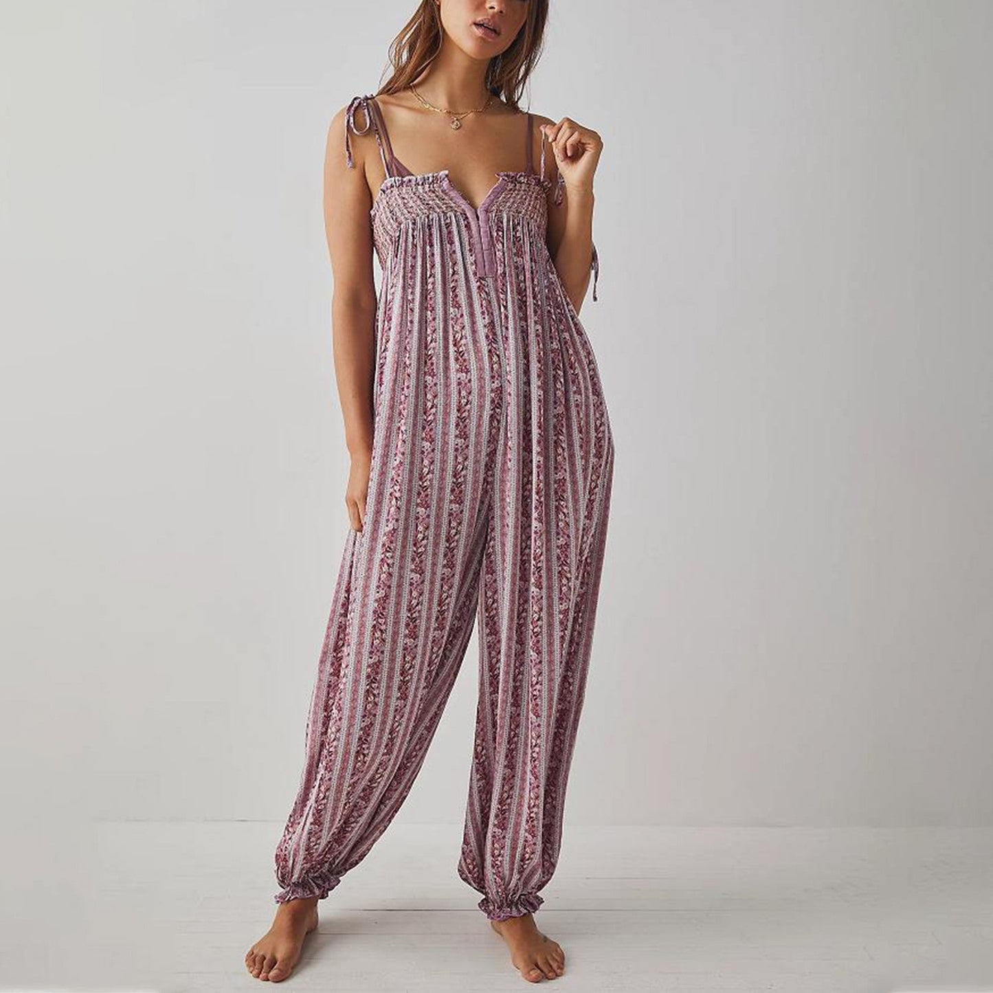 Womens Printed Loose-Fit Figure-Flattering Jumpsuit Pants