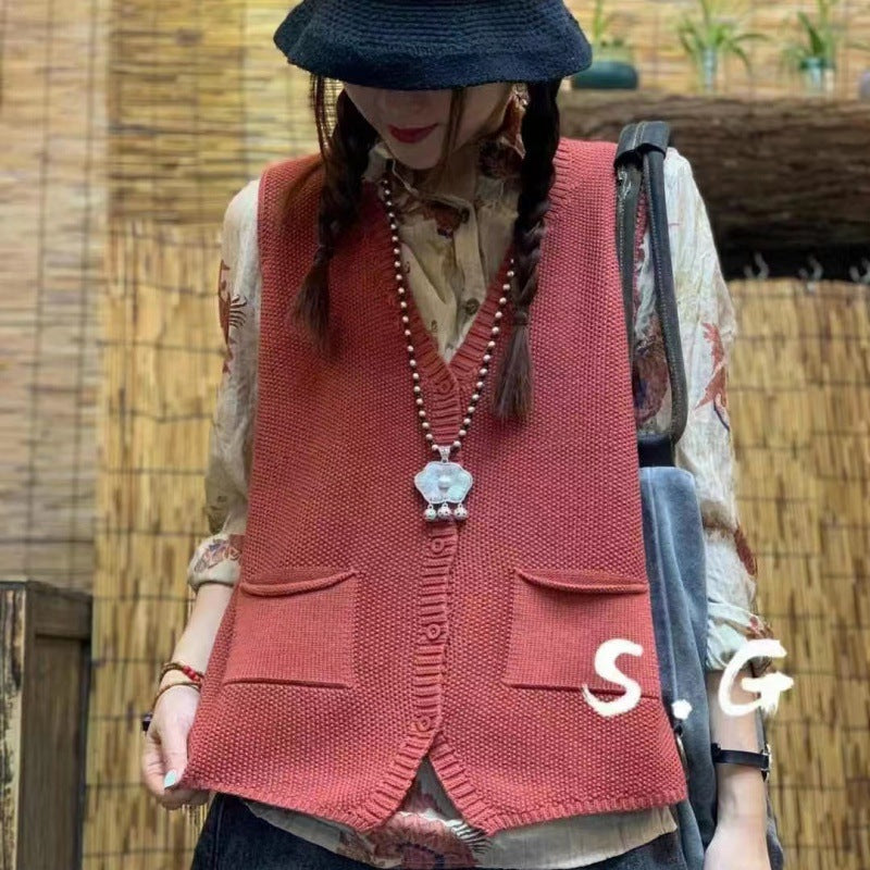 New Versatile Retro Solid Color And V-neck Vest