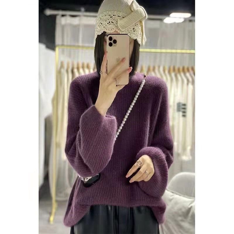 Round Neck Lantern Sleeve Knitted Sweater Lazy Style