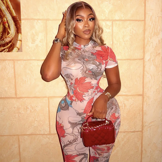 European And American-style Womens Jumpsuit With A Bold Floral Print