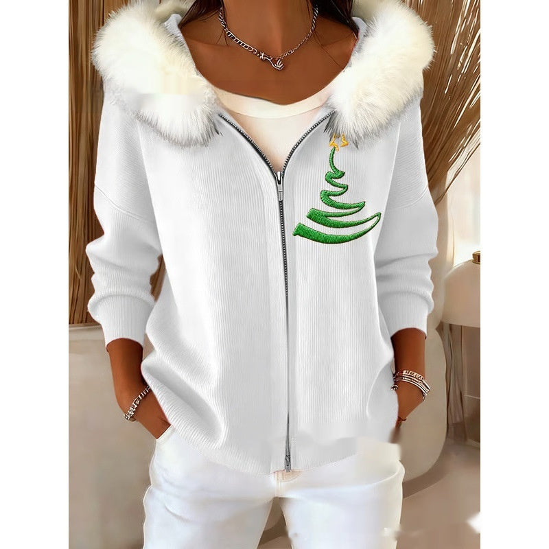 Stilfuld 3D Digital-Print Cardigan Til Damer Med Faux Fur Hætte