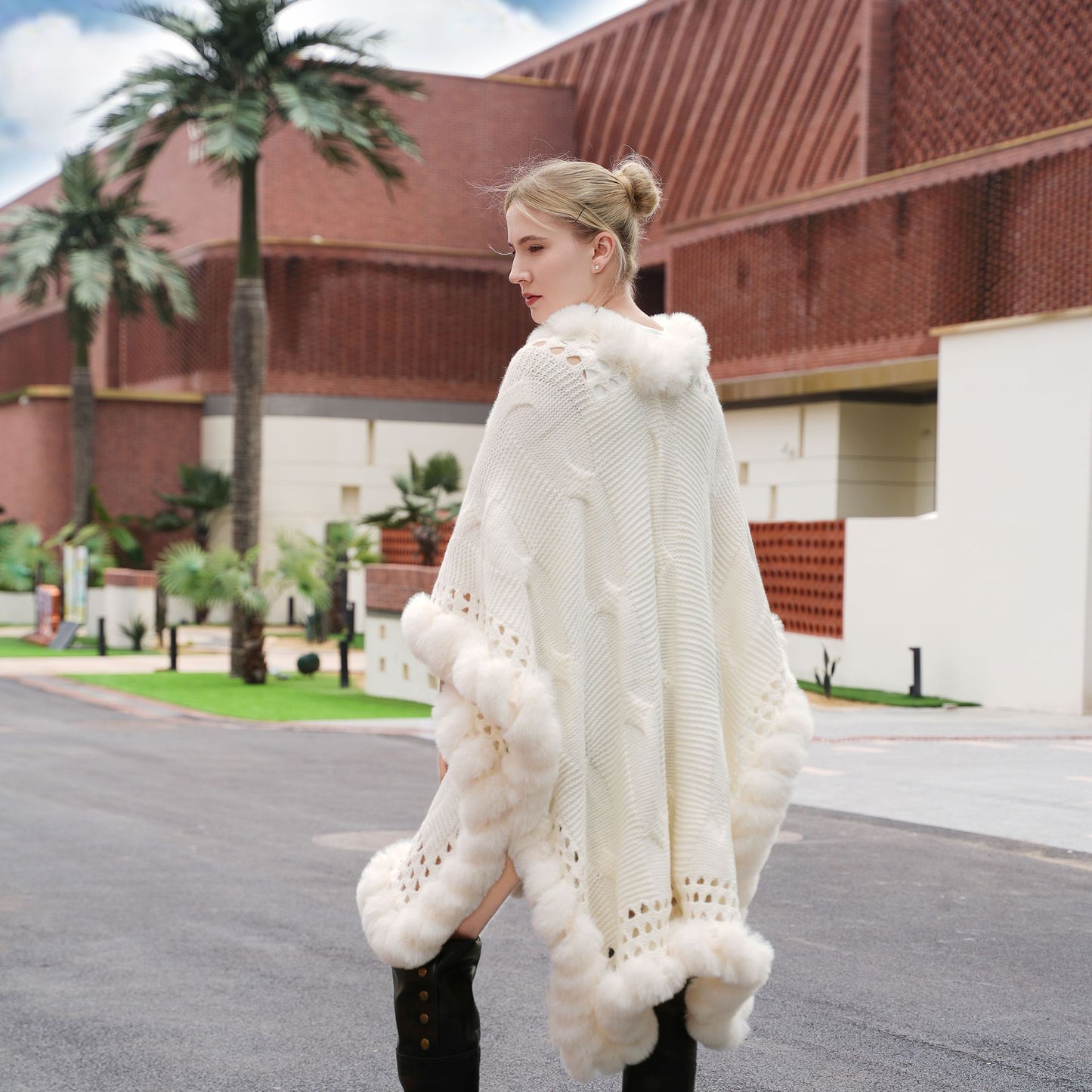 Autumn And Winter New Knitted Hollow-out Wool Cloak Extended Artificial Wool Cardigan Coat