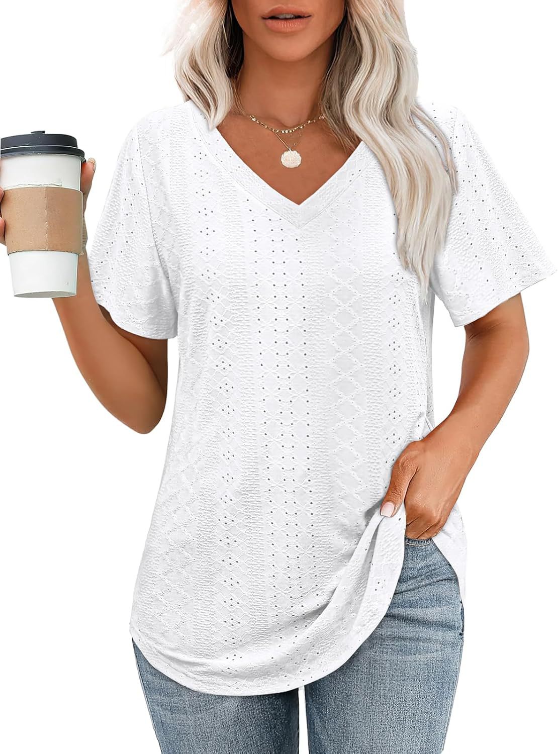 Hollow-out Airy Casual V-Neck Short Sleeve