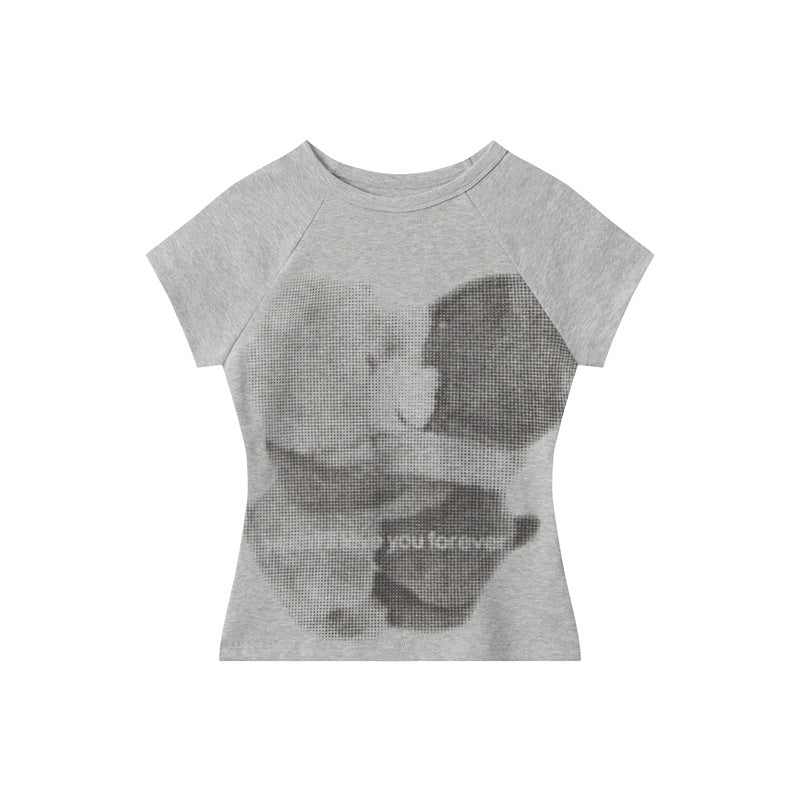 American Raglan Sleeve Bear Printed Slim-fit Short Sleeve