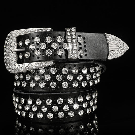 White Women's Leather Belt With Diamonds