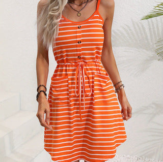New Striped Sleeveless Square Neck Printed Slip Dress