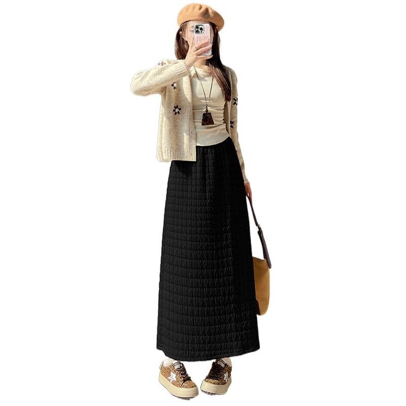 New FallWinter Plaid-Trimmed Denim Straight Skirt