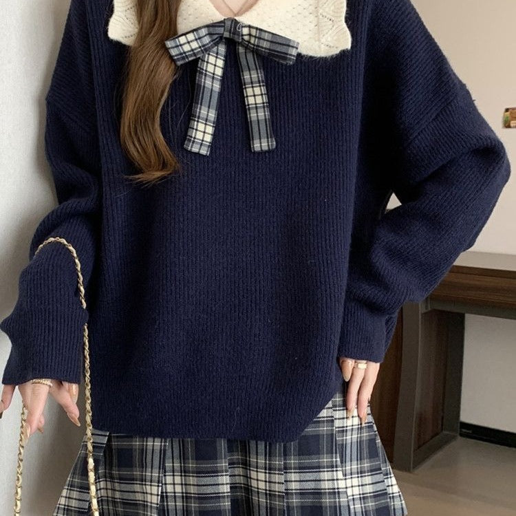 Doll Collar Knitted Sweater Women's Short Warm