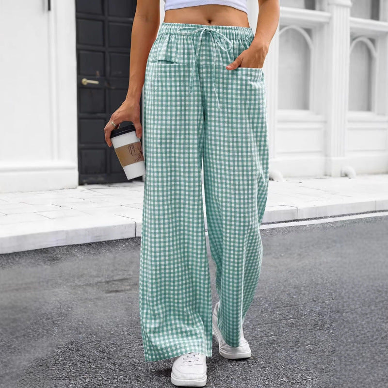 High-waisted Wide-leg Plaid Drawstring Loungeleisure Pants