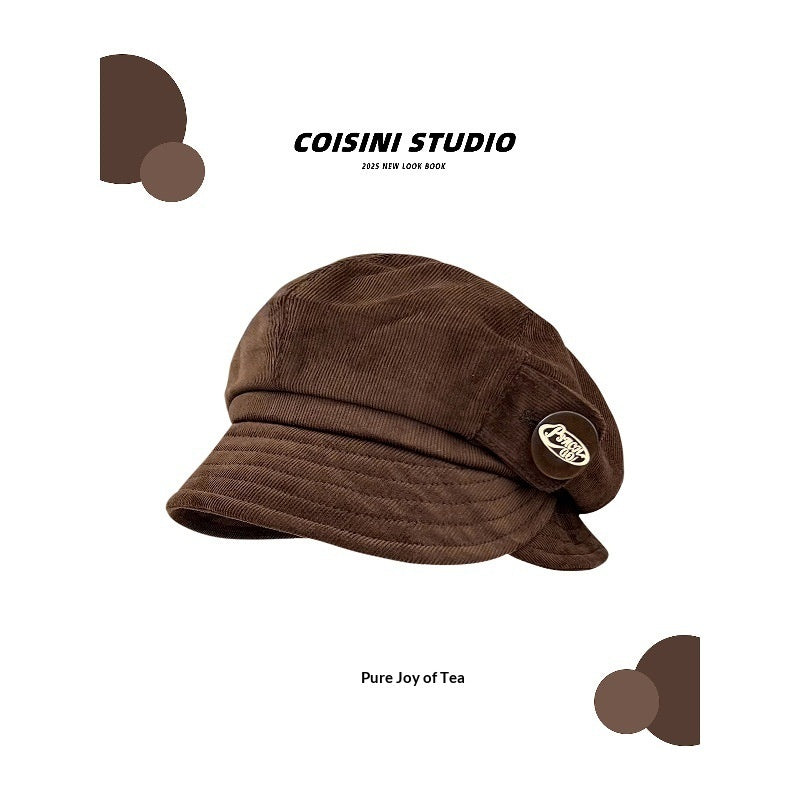 Japanese-style Retro Brown Corduroy Fishermans Hat With A Folded Brim