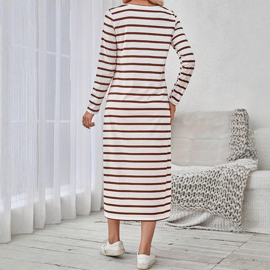 New Womens Loose-fitting Long-sleeve Striped Straight-cut Dress