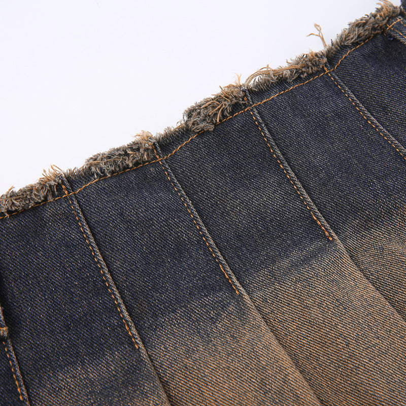 High Waist Lace-up One-piece Washed Denim Skirt