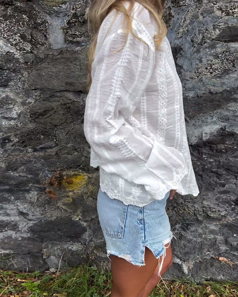 Color Embroidery Hollow Out Polo Collar Shirt Long Sleeve Button Cardigan Top