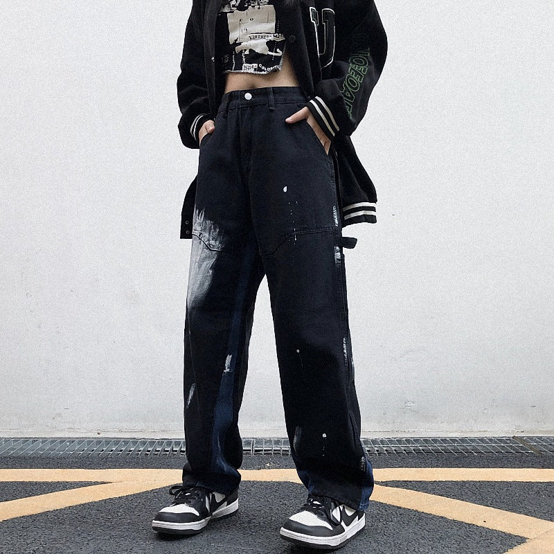 Harajuku-stil tie-dye-gradient spættede lige højtaljede jeans