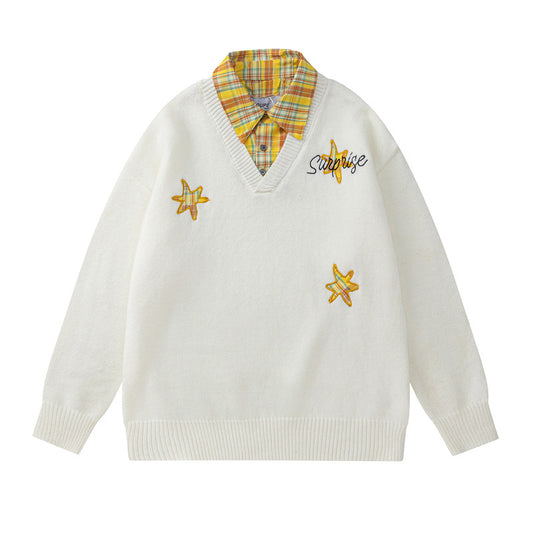 Retro Plaid Patchwork Mock Two-Piece Letter And Star Embroidered Sweater