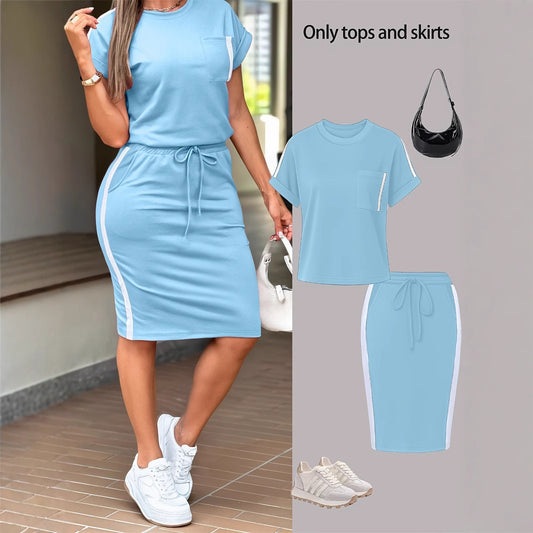 Womens Stylish Minimalist Off-shoulder T-shirt Paired With A Casual Form-fitting Skirt Set