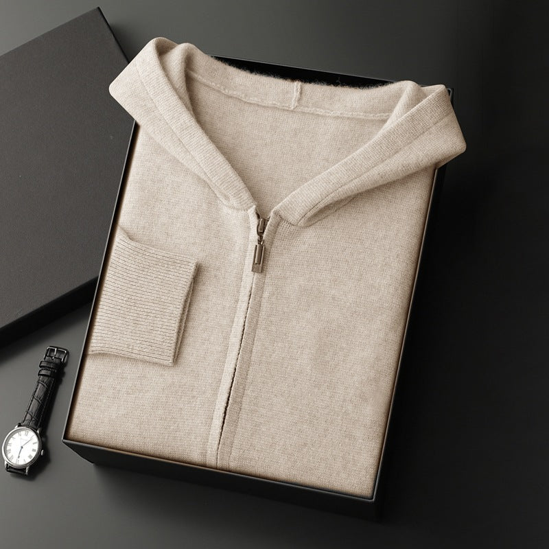 Men's Cashmere Cardigan Youth Casual Hooded Zipper Thickening Cardigan