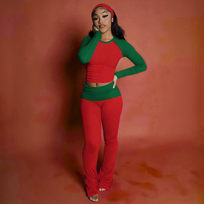 Fashionable Long-Sleeve Top And Pants Set For Christmas