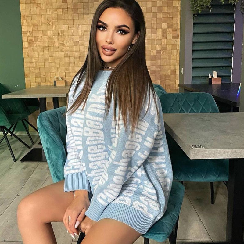 Long Sleeve Letter Crew Neck Loose Sweater Knit Dress