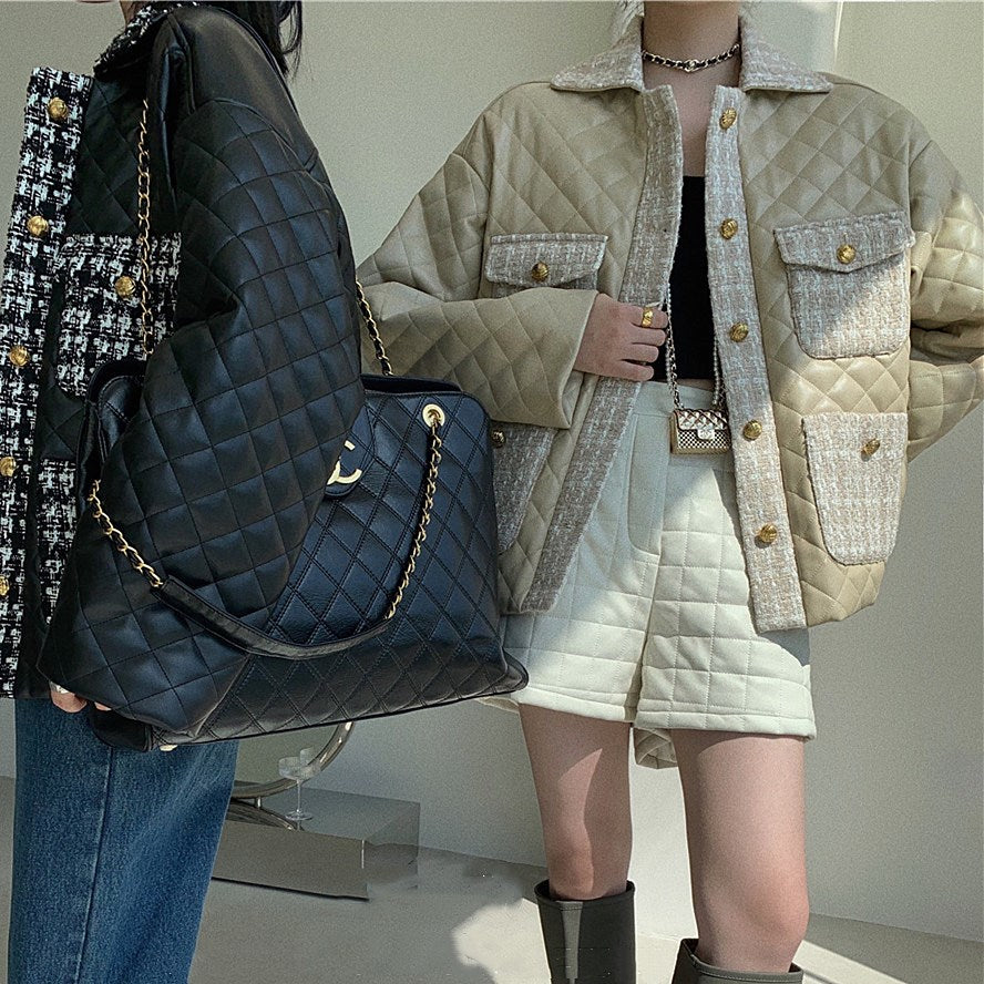 Small Fragrant Tweed Diamond Plaid Pu Leather Cotton Jacket Women's Lapel Jacket