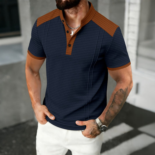 Men's Waffle-Weave Contrasting Color Short-Sleeve Casual Breathable Top
