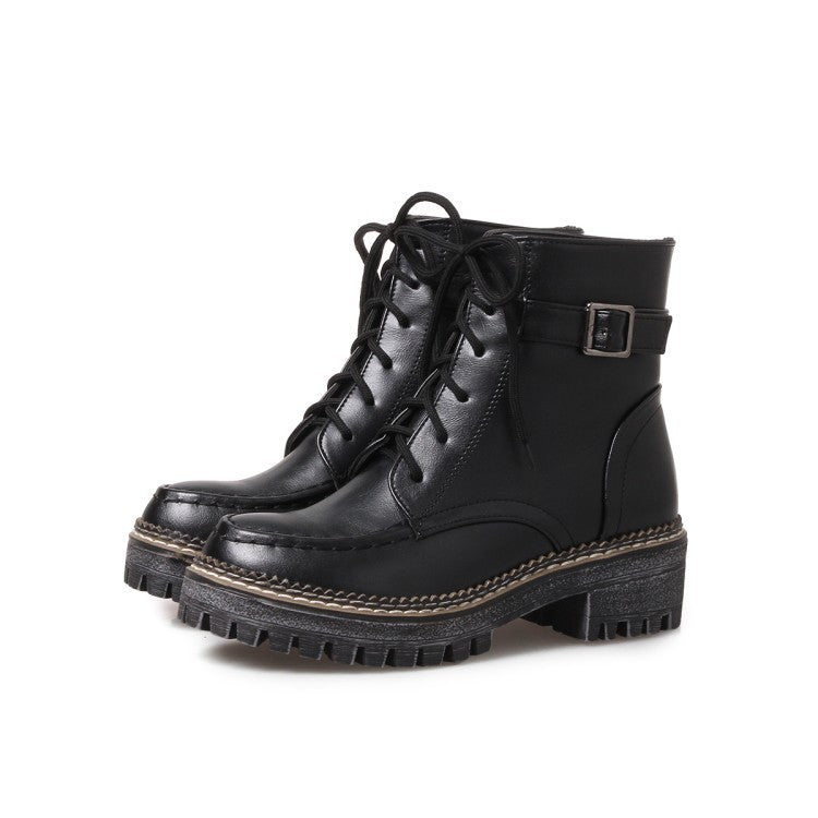 British style retro lace-up short boots female belt buckle