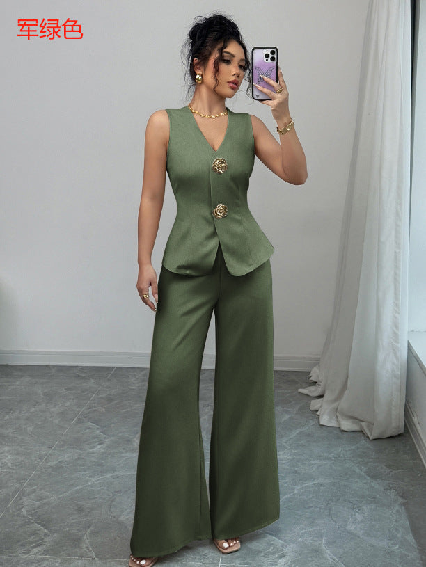 Simple-style Vest And Straight-leg Pants Womens Summer Two-piece Set