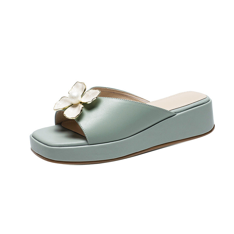 Summer Square Toe Mid-heel Sandals Thick-soled Three-dimensional Flower Women's Shoes
